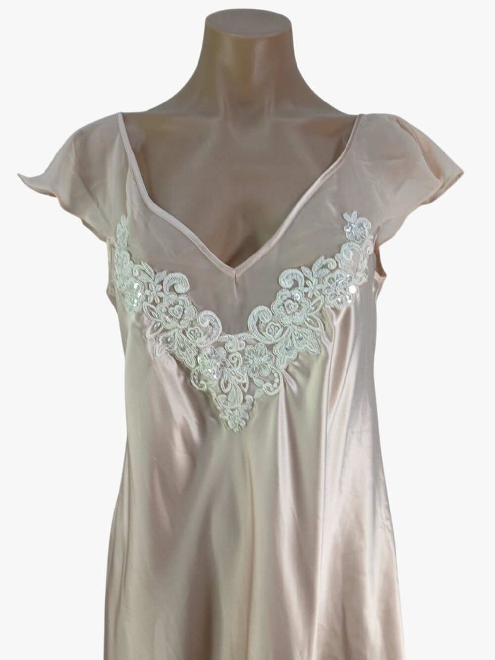 California Dynasty Satin Size L Pink Nightgown Lace Applique Sheer Flutter Sleev - Picture 2 of 10
